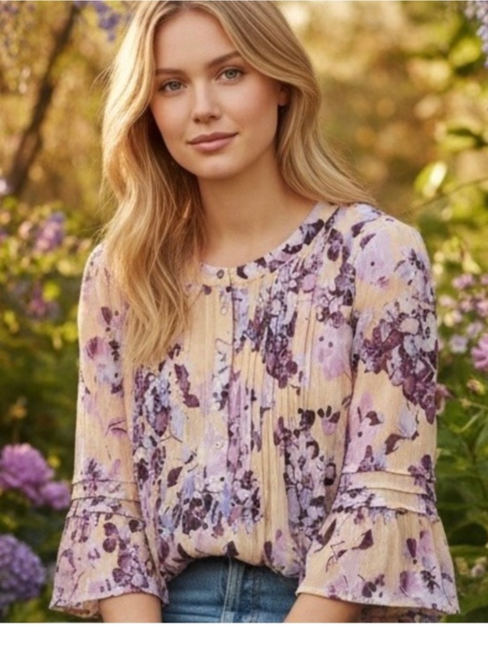 J Jill Floral Peach Tunic Top with Purple Bloom Print SP